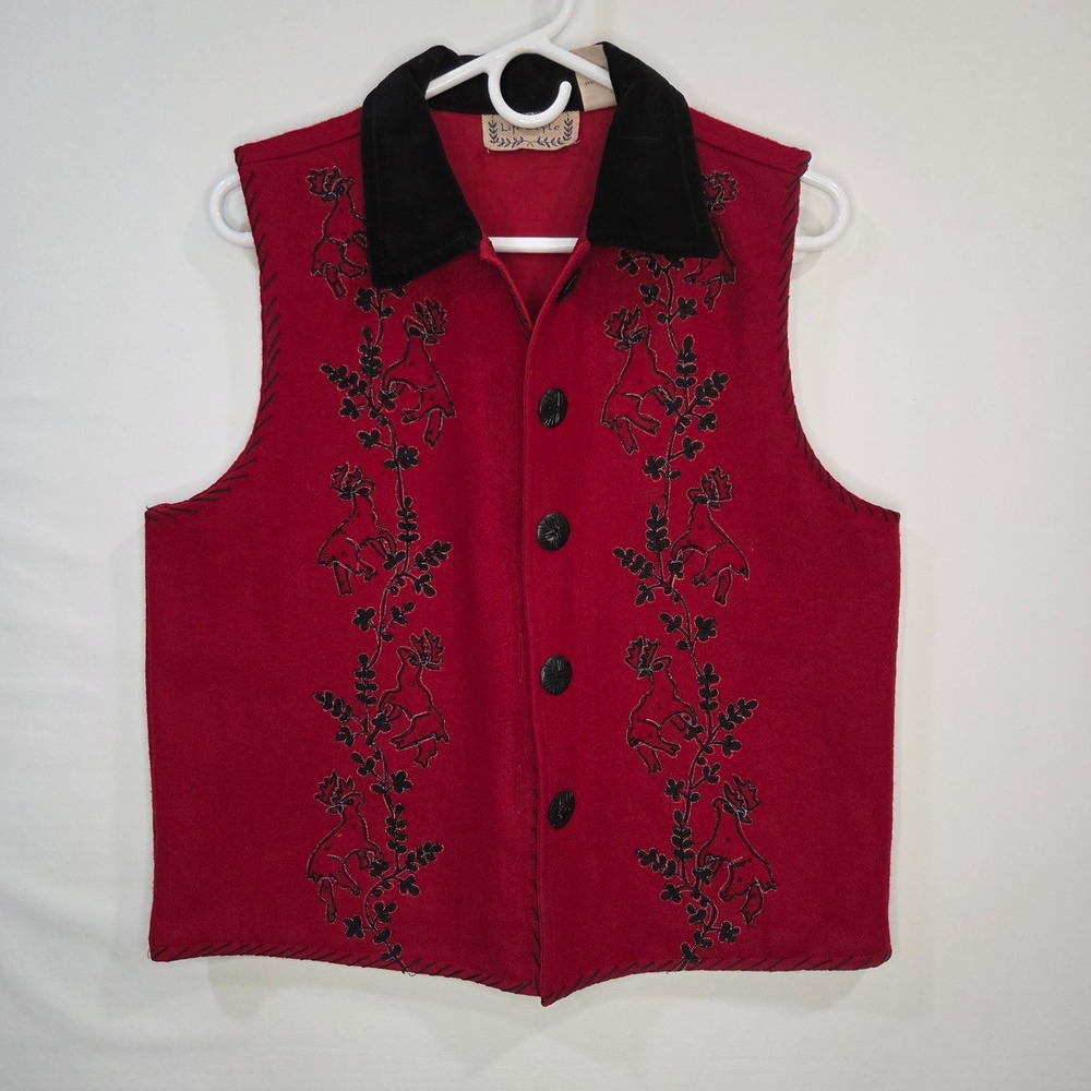 Vintage Life Style Wool Blend Vest Womens L Red Moose Embroidered Folk Art Cabin